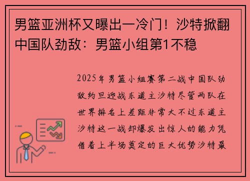 男篮亚洲杯又曝出一冷门！沙特掀翻中国队劲敌：男篮小组第1不稳